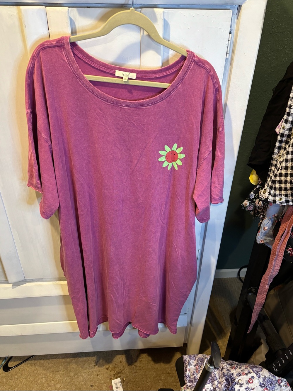 easel Pink Oversized Tee with Green Daisy Patch